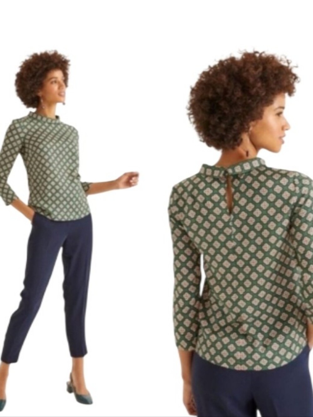 Boden Lily Medallion Green Geometric Mock-Neck Blouse
